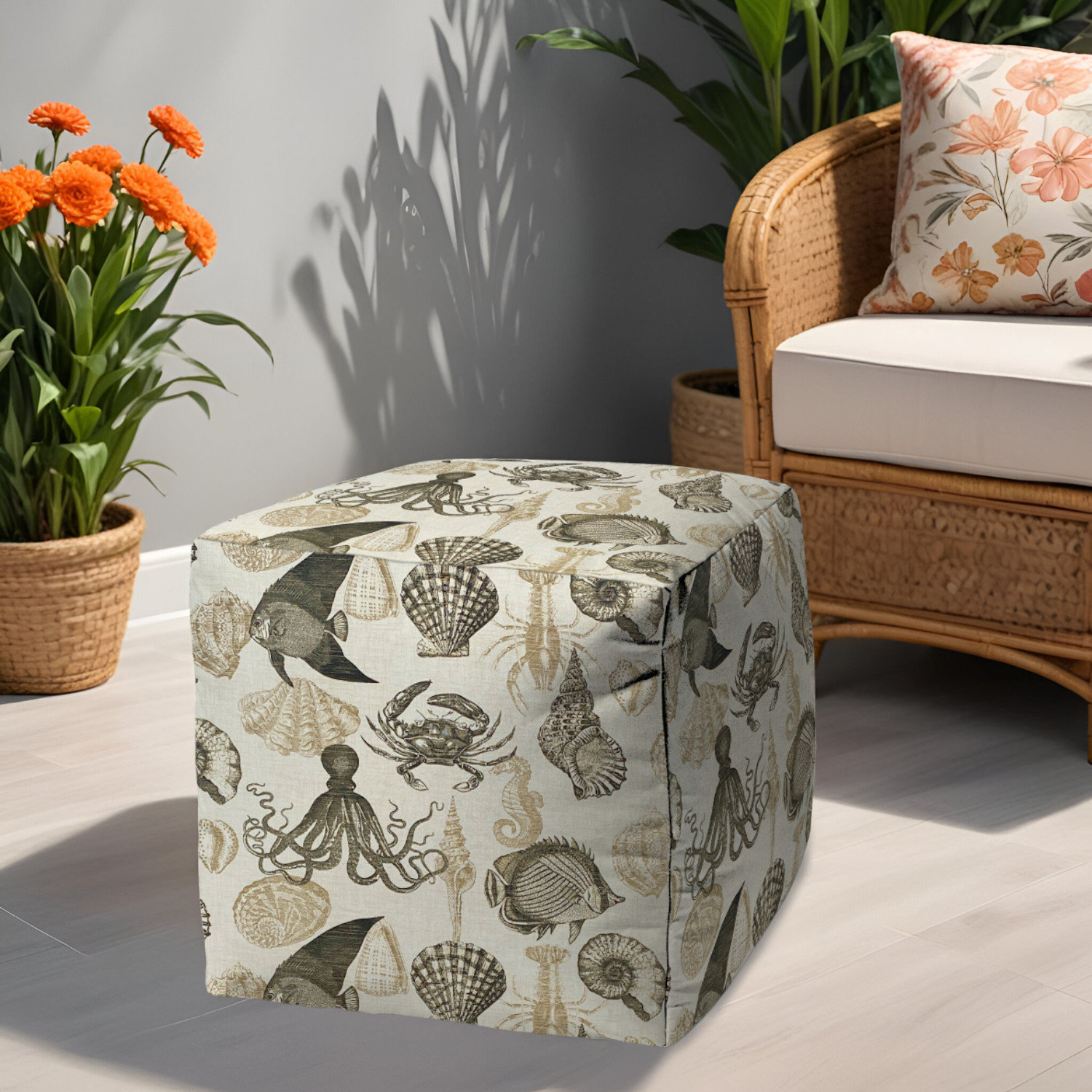 HomeRoots 17" Taupe Grey and Beige Polyester Cube Coastal Outdoor Pouf ...